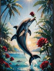 Valentine's Day. a dolphin holds a red rose in its mouth