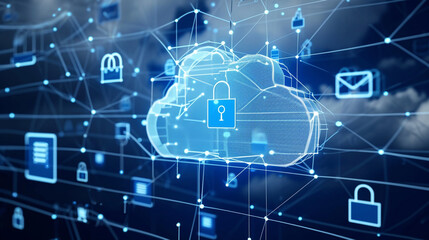A cloud connected to various devices, all secured with padlocks, Cloud Security, dynamic and dramatic compositions, with copy space