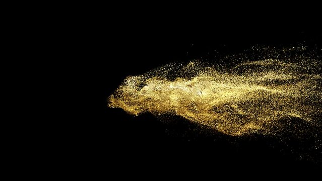 40K realistic 3d gold particle text with dust effect on black background. Fill letters with golden particles. 4k abstract Footage