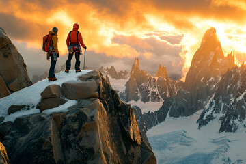 Couple of climbers, a man and a woman, on top of a mountain at sunrise in snowy winter. Travel sport lifestyle concept.