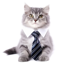 A cat in a white shirt and tie, an animal in human clothes