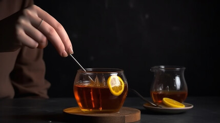 Front view person holding glass with tea and honey dipper 5