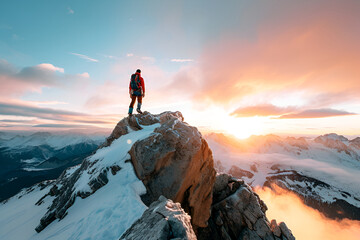 Hiker on top of the mountain at sunset. Sport and active life concept.