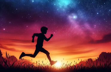 silhouette of running person in starry night