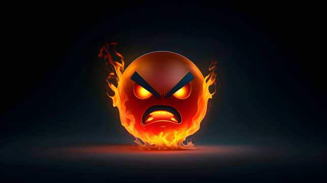 Naklejki Angry angered emoji emoticon with dark black fire background, hate concept