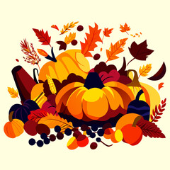 Naklejka premium Thanksgiving day background with pumpkins, leaves and berries. Vector illustration. generative AI