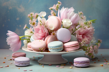 Obraz na płótnie Canvas pastel colored macarons and spring flowers, delicious dessert