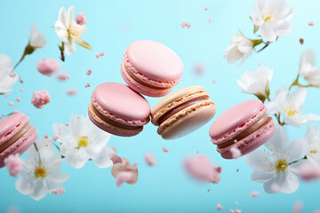 pastel colored macarons and spring flowers, delicious dessert