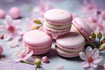Obraz na płótnie Canvas pastel colored macarons and spring flowers, delicious dessert