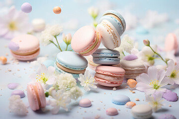 pastel colored macarons and spring flowers, delicious dessert
