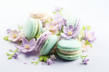Fototapeta na wymiar pastel colored macarons and spring flowers, delicious dessert