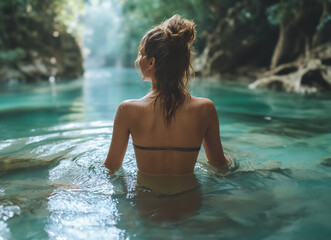 A beautiful, sexy model is playing in the water, standing with her back to the camera in front of her. stream waterfall landscape The images are generated using AI