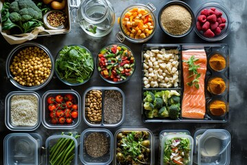 Overhead shot of a healthy meal prep scene with various ingredients and containers, showcasing a...