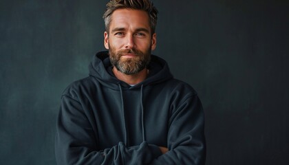 Bearded man wearing a black hoodie, whole body pose, mock-up, masculine dark interior, daylight., attractive face, smile expression. Mock-up of black hoodie wiith copy space for your text or logo.