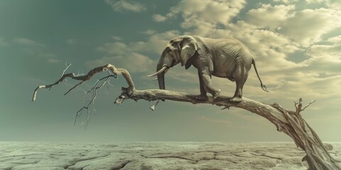 A lone elephant stands on a dry branch and looks at the desolate landscape in front of him.