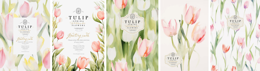 Tulips. Spring flowers. Watercolor delicate simple minimalistic illustration of floral seamless pattern, frame, border, leaves, logo for abstract greeting card, wedding invitation or background - 716740973