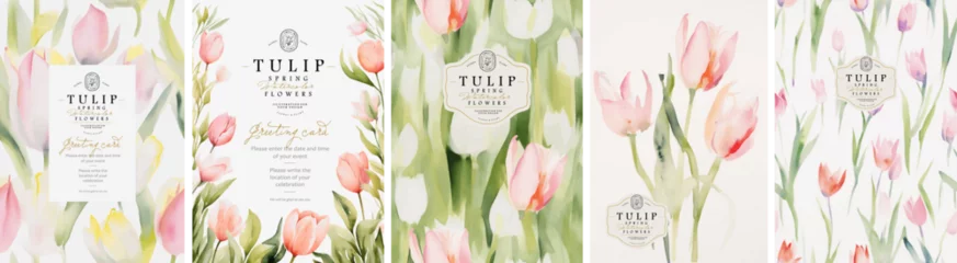 Fotobehang Tulips. Spring flowers. Watercolor delicate simple minimalistic illustration of floral seamless pattern, frame, border, leaves, logo for abstract greeting card, wedding invitation or background © Ardea-studio
