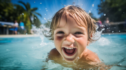 Fototapeta na wymiar Joyful toddler laughing in the swimming pool under the sun