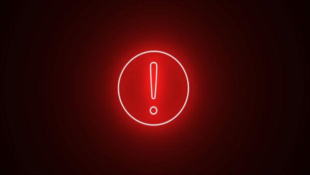 Glowing red neon warning circle icon  on black background. Neon exclamation mark. Icon set, sign, symbol, 3d illustration.