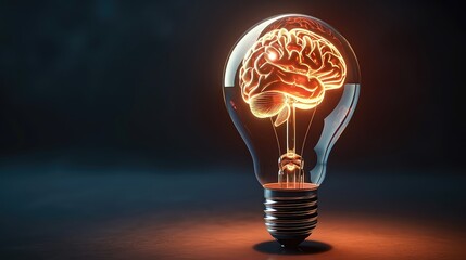 A clean and shiny light bulb with a brain in the form of a glowing wire - obrazy, fototapety, plakaty
