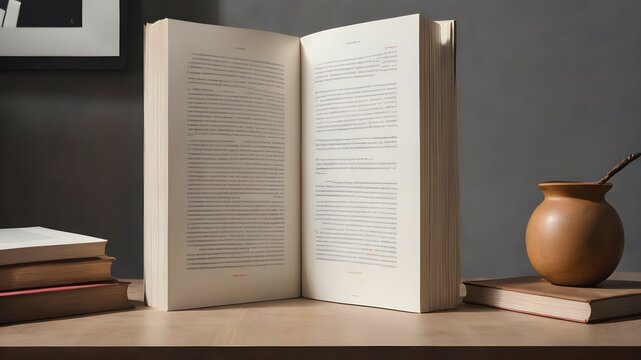 An open book stands on a table with books against a gray wall. Background for the curious or dreamy
