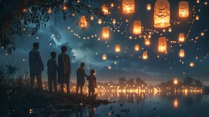 Family gathering under a canopy of lanterns. - obrazy, fototapety, plakaty