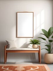 Mockup poster frame in simple living room interior background. Interior mockup design