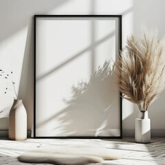 Elegant Black Picture Frames Leaning Against a Textured Wall, Illuminated by Natural Light Casting Beautiful Shadows - A Perfect Mockup for Art Display