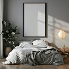 Elegant Bedroom Interior with Neutral Tones, Modern Furniture, and Stylish Decor, Featuring a Comfortable Bed and Artistic Wall Frame