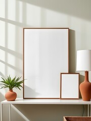 Two mockup poster frames on the desk. Home interior design
