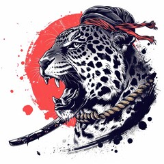 Jaguar using a samurai helmet isolated in a white background
