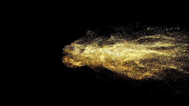 80K realistic 3d gold particle text with dust effect on black background. Fill letters with golden particles. 4k abstract Footage