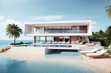 Fototapeta premium luxury white villa with swimming pool and sea views