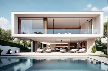 luxury modern house with swimming pool and sun loungers