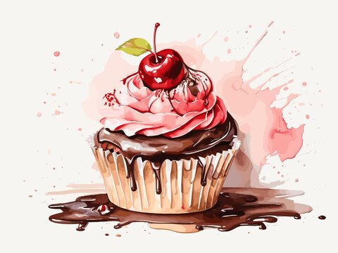 Watercolor cupcakes with chocolate and cherries	
