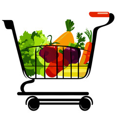 Illustration of a shopping cart full of fresh vegetables on a white background AI generated