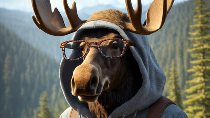 moose in glasses and hoodie