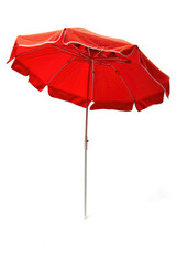 A stylish solid red beach umbrella on a white background