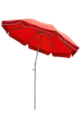 A stylish solid red beach umbrella on a white background