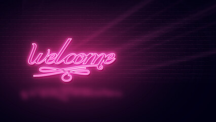 welcome - text neon sign light effect. Horizontal design pink glow and empty space for copy
