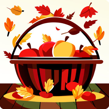Basket with apples and autumn leaves on a wooden table, vector illustration AI generated
