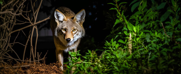 Coyote stalking at night in urban green space