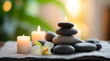 Fototapeta na wymiar Beauty Spa Concept Massage Stones With Towels And Candles In Natural Background 9