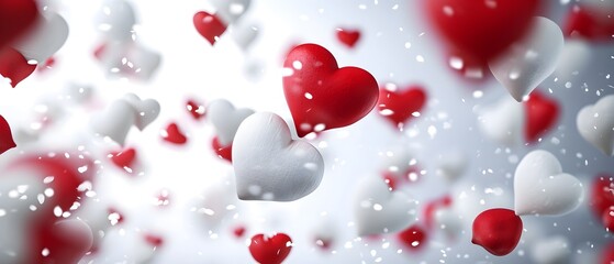a bunch of red and white hearts floating in the air with a white background and red and white hearts