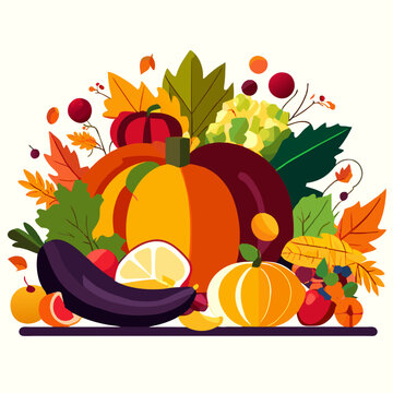Autumn composition with vegetables and fruits. Vector illustration in flat style AI Generated