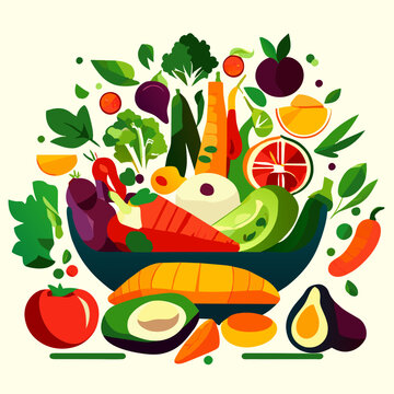 Healthy food vector illustration. Vegetables, fruits and superfoods. AI Generated