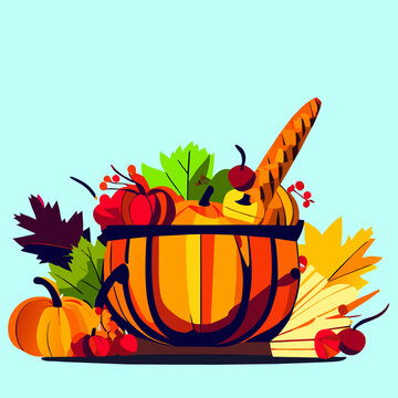 Autumn harvest. Harvest in a wooden bowl. Vector illustration. AI generated