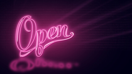 Naklejka na ściany i meble open - text neon sign light effect. Horizontal design pink glow and empty space for copy