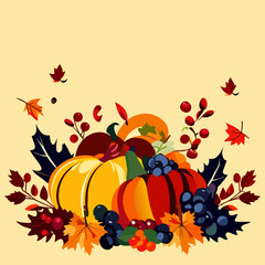 Obraz na płótnie Canvas Autumn background with pumpkins, berries and leaves. Vector illustration. Generative AI