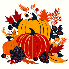 Obraz na płótnie Canvas Autumn pumpkins with leaves, berries and berries. Vector illustration. Generative AI